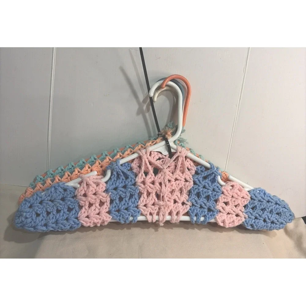 Set Of Four Crotchet Covered Hangers Hand Made Pastel Cottage Core Style